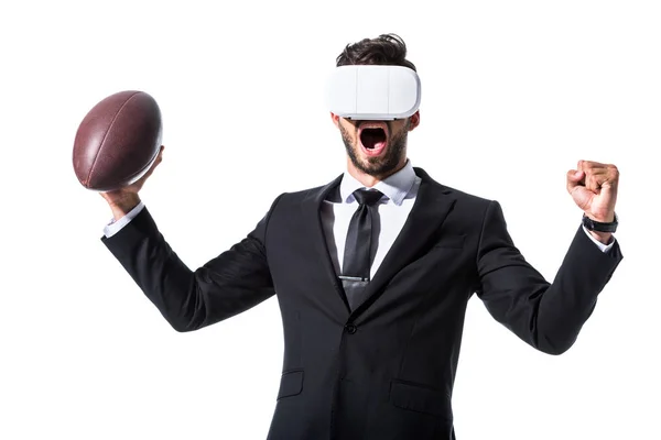 Juichen Zakenman Virtual Reality Headset Met Rugby Bal Gebalde Hand — Stockfoto