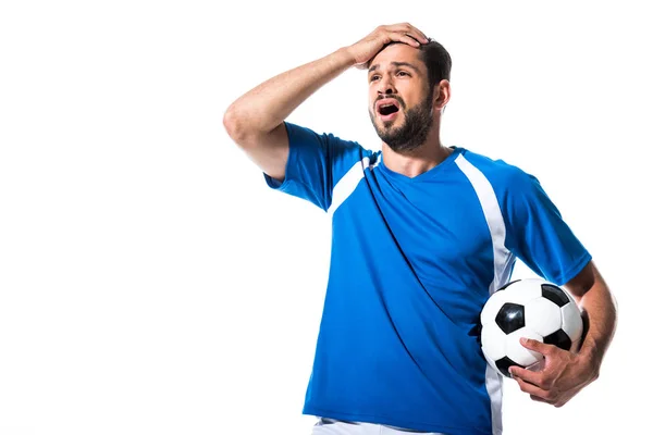 Desapontado Jogador Futebol Com Bola Mão Cabeça Isolado Branco — Fotografia de Stock