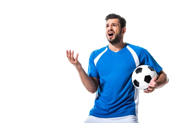 Csalódott Futballista Golyóval Gesturing Elszigetelt Fehér — Stock Fotó