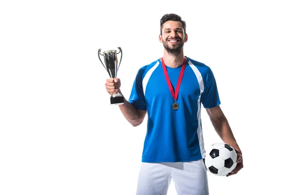 Jogador Futebol Feliz Com Troféu Copo Medalha Isolada Branco — Fotografia de Stock