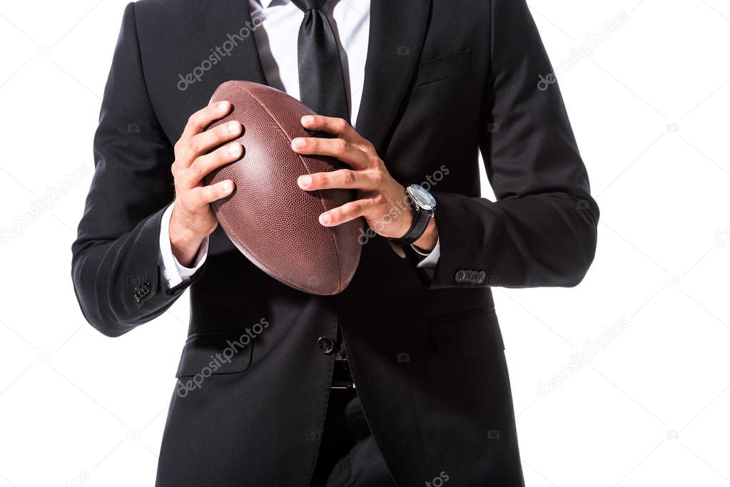 cropped view of businessman in formal wear with rugby ball Isolated On White