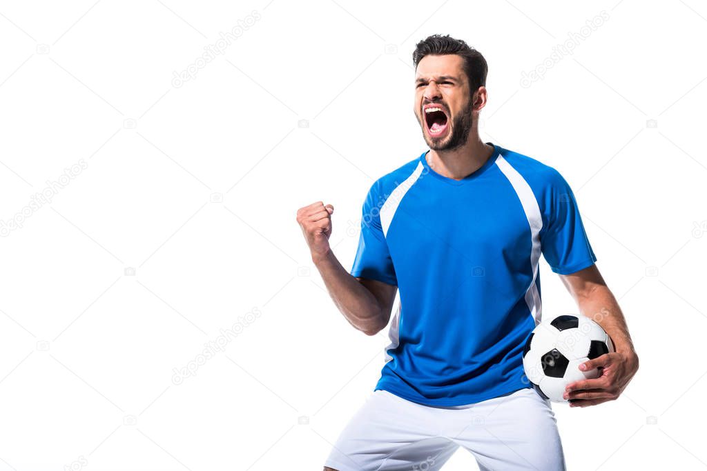 excited soccer player with ball and clenched hand Isolated On White