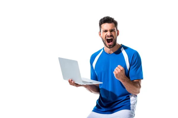 Excited Soccer Player Using Laptop Cheering Isolated White — Stock Photo, Image