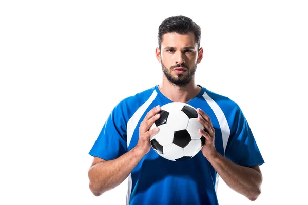 Guapo Futbolista Con Bola Mirando Cámara Aislado Blanco — Foto de Stock