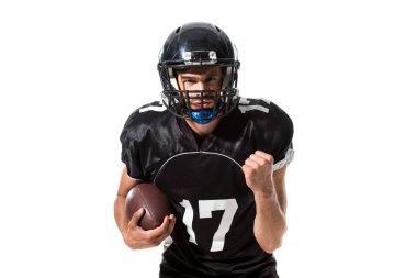 Amerikan futbol oyuncusu ile top ve sıkılmış el Beyaz üzerinde Izole