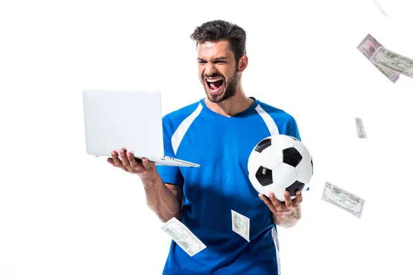 Torcendo Jogador Futebol Com Bola Laptop Perto Cair Dinheiro Isolado — Fotografia de Stock