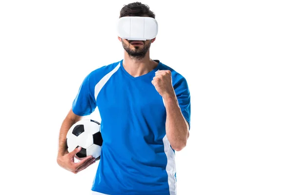 Jugador Fútbol Auriculares Realidad Virtual Con Bola Animando Con Mano — Foto de Stock