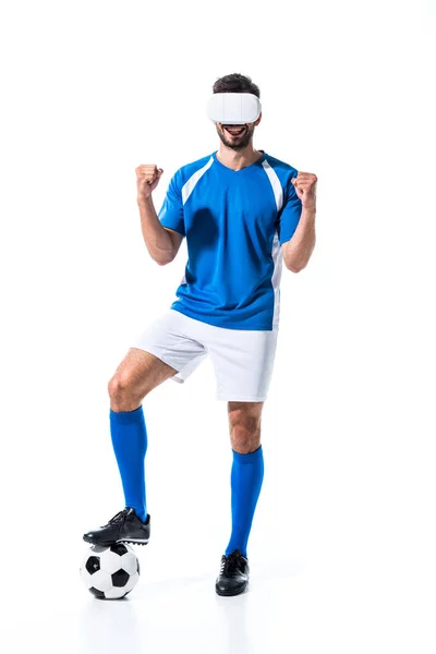 Soccer Player Virtual Reality Headset Ball Cheering Clenched Hands Isolated — Stock Photo, Image