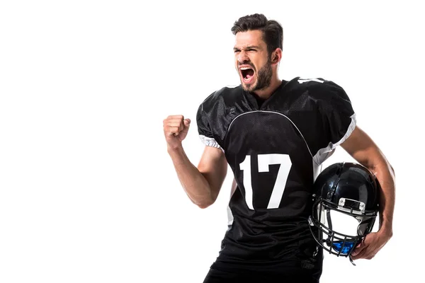 Angry American Football Speler Met Gebalde Hand Geïsoleerd Wit — Stockfoto
