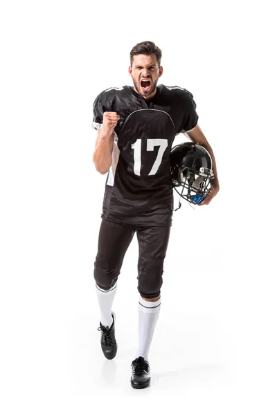 白に隔離されたヘルメットを持つ怒っているアメリカンフットボール選手 — ストック写真