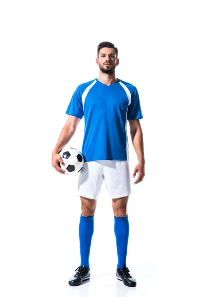 Guapo Futbolista Uniforme Con Pelota Aislado Blanco — Foto de Stock