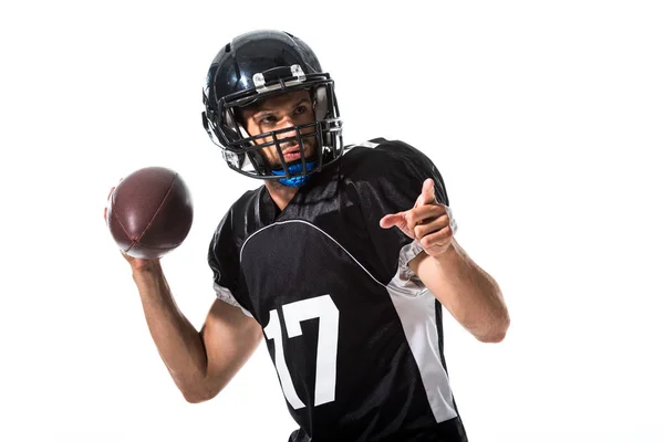 American Football Player Ball Pointing Finger Isolated White — Stock Photo, Image