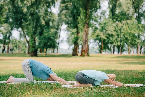 Mogen Man Och Kvinna Tränar Avslappning Yoga Poses Yogamattor Gräsmattan — Stockfoto