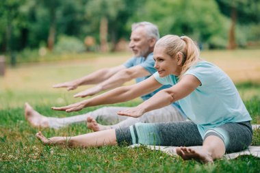gülümseyen olgun erkek ve kadın parkta yoga paspaslar üzerinde otururken esneme pozlar pratik