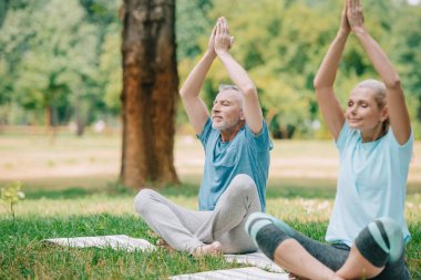 olgun erkek ve kadın lotus otururken meditasyon parkta yoga paspaslar üzerinde pozlar
