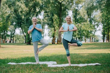 gülümseyen olgun erkek ve kadın parkta yoga yaparken ağaç ta ayakta pozlar