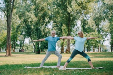 gülümseyen erkek ve kadın parkta yoga yaparken yoga pozlar