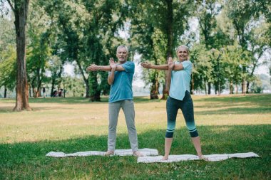parkta yoga paspaslar üzerinde dururken pozitif, olgun erkek ve kadın yoga