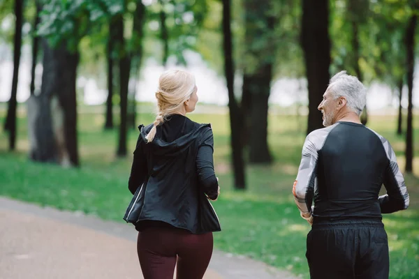 Back View Mature Sportive Joggers Running Together Park — Stock Photo, Image