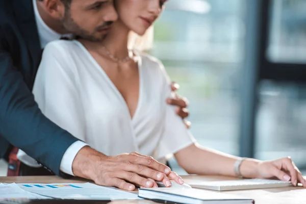 Cropped View Bearded Man Flirting Blonde Woman Table — Stock Photo, Image