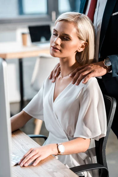Cropped View Businessman Touching Attractive Blonde Woman Closed Eyes — Stock Photo, Image