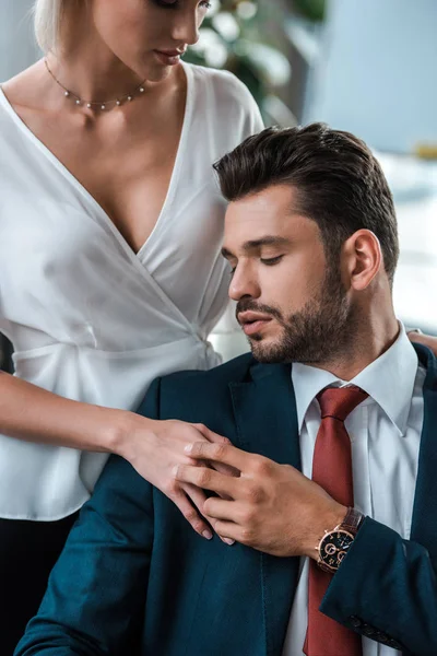 Cropped View Blonde Woman Standing Handsome Bearded Man Office — Stock Photo, Image