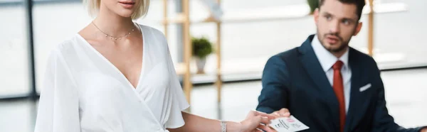 Panoramic Shot Businesswoman Holding Card Call Lettering Handsome Businessman — Stock Photo, Image