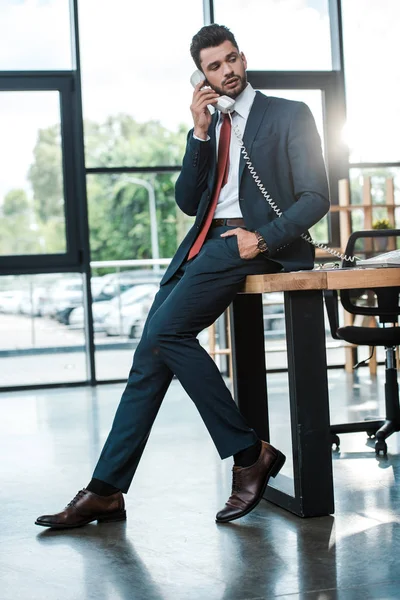 Handsome Businessman Hand Pocket Talking Retro Phone Modern Office — Stock Photo, Image