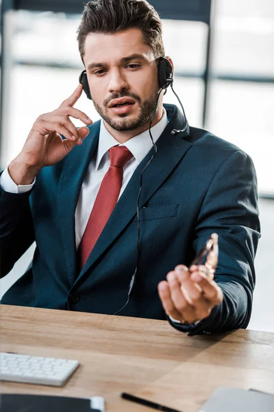 Selective Focus Handsome Operator Touching Headset Office — Stock Photo, Image