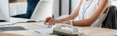 panoramic shot of woman in typing on computer keyboard in office 
