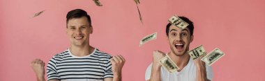 evet jest gösteren dolar banknotlar ve pembe izole gülümseyen iki heyecanlı arkadaş panoramik çekim