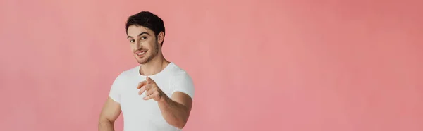 Panoramic Shot Smiling Young Man White Shirt Pointing Finger Camera — Stock Photo, Image