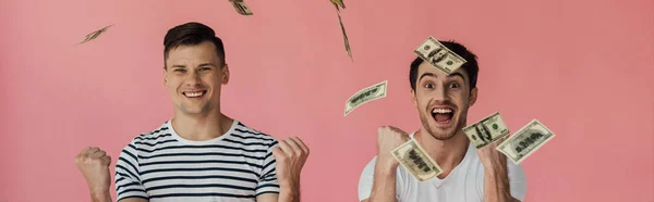 两个兴奋的朋友的全景拍摄与美元钞票显示是手势和微笑孤立在粉红色 — 图库照片