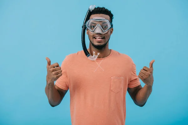 Happy African American Man Diving Mask Showing Thumbs Isolated Blue — Stock Photo, Image