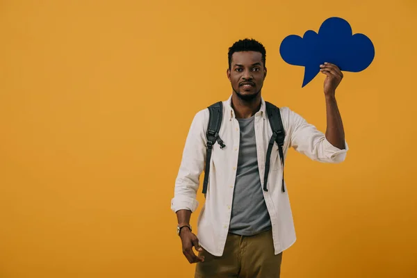 Handsome African American Man Holding Blue Thought Bubble Isolated Orange — Stock Photo, Image