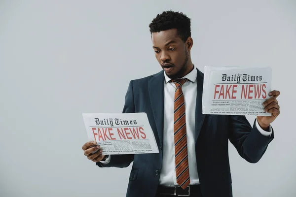 Surprised African American Man Reading Newspaper Fake News Isolated Grey — Stock Photo, Image