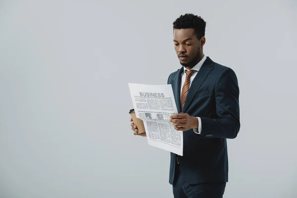 Handsome Bearded African American Man Reading Business Newspaper Isolated Grey — Stock Photo, Image