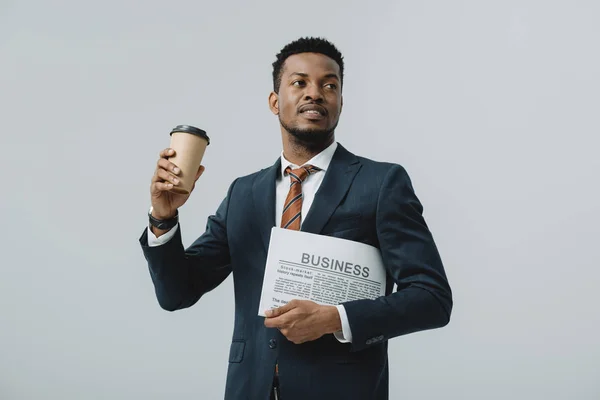 African American Businessman Holding Paper Cup Business Newspaper Isolated Grey — Stock Photo, Image