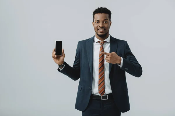 Happy African American Businessman Pointing Finger Smartphone Blank Screen Isolated — Stock Photo, Image