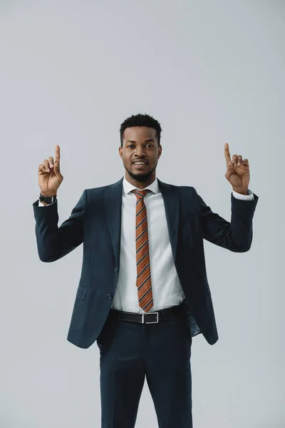 Happy African American Man Pointing Fingers Isolated Grey — Stock Photo, Image