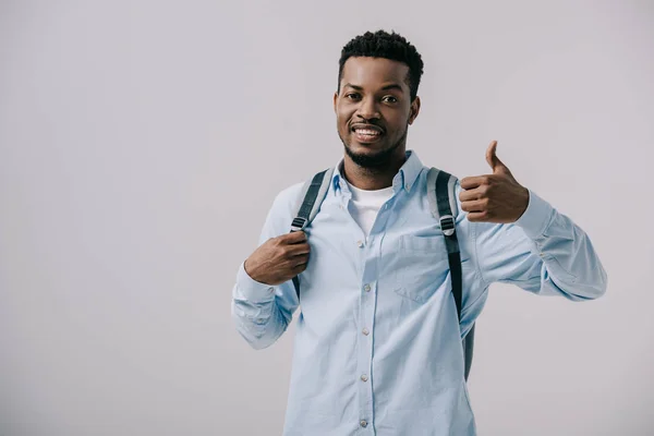 Cheerful African American Man Backpack Showing Thumb Isolated Grey — Stock Photo, Image