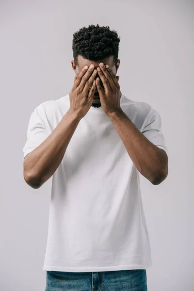 African American Man Covering Face Hands Isolated Grey — Stock Photo, Image