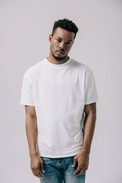 African American Man Standing Looking Camera Isolated Grey — Stok Foto