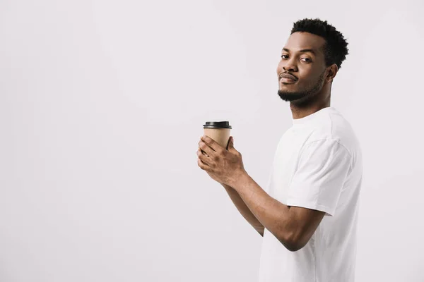 Happy African American Man Holding Paper Cup Isolated White — Stock Photo, Image