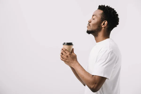 Side View Happy African American Man Holding Paper Cup Isolated — Stock Photo, Image