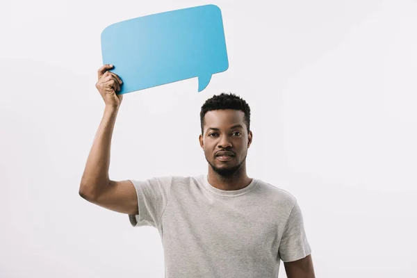 Handsome African American Man Holding Blue Speech Bubble Isolated White — Stock Photo, Image
