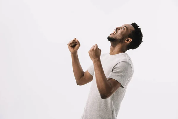 Encaracolado Afro Americano Homem Gesticulando Enquanto Celebra Triunfo Isolado Branco — Fotografia de Stock