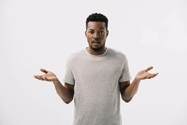 Confused African American Man Showing Shrug Gesture Isolated Grey — Stock Photo, Image