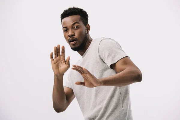 Scared African American Man Gesturing Isolated White — Stock Photo, Image
