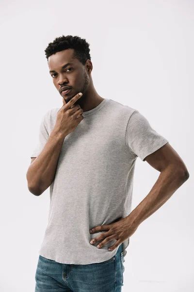 Handsome African American Man Looking Camera Touching Face Isolated White — Stock Photo, Image